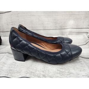 Vionic 10 Ruby Olympia Quilted Leather Cap Toe Block Pump Heel Navy Blue